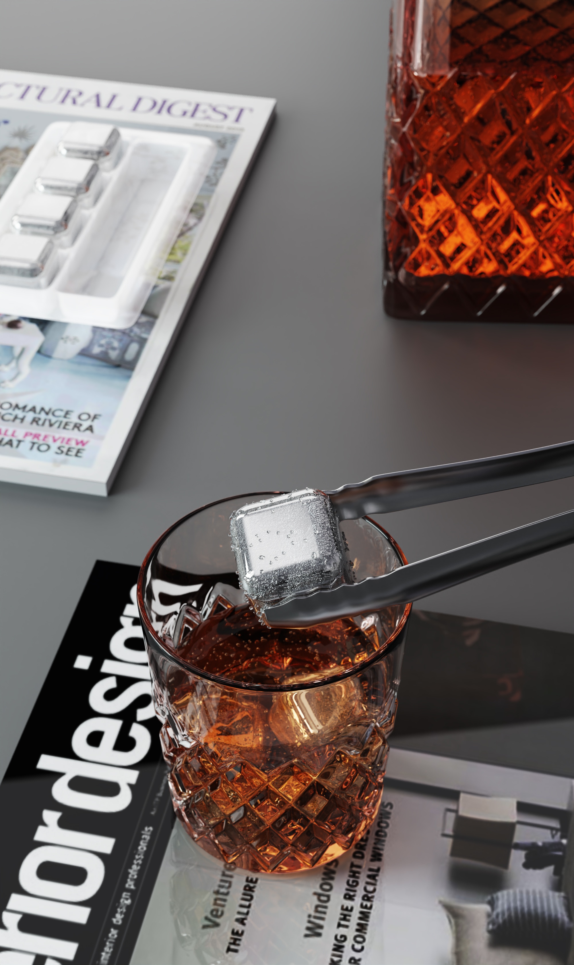 超写实 酒杯 威士忌 不锈钢冰块  冰气特效